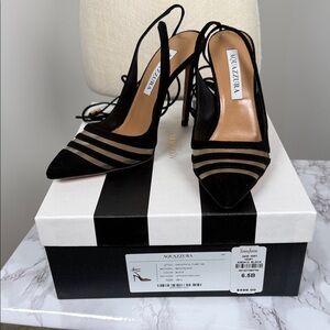 (LIKE NEW)Aquazzura Black and Tan Mesh Stripped Wrap Heels (Unfaithful Pump 105)